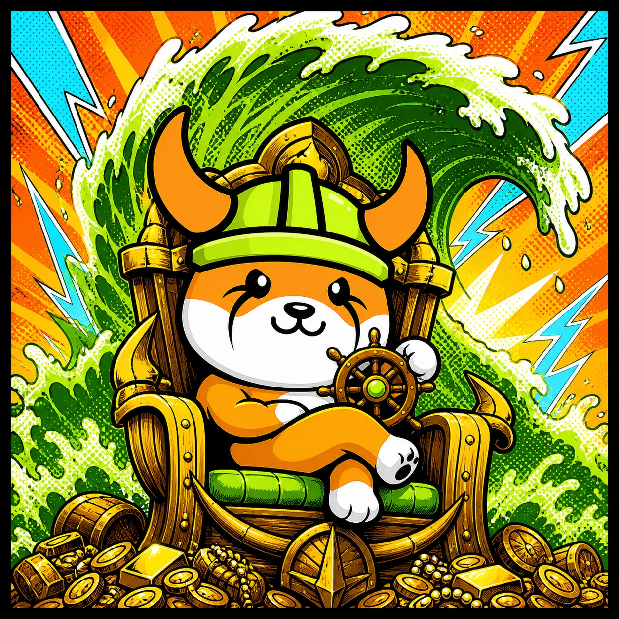 FLOKI sitting on a Viking treasure throne